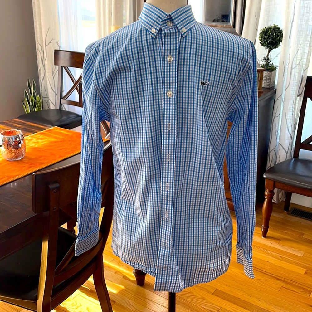 Vineyard Vines Blue Gingham Boys Dress Shirt, Size Large (16)